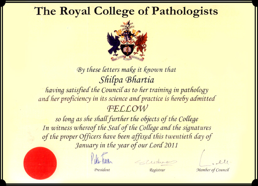 The Royal College of Pathologists Certificate of Shilpa Bhartia
